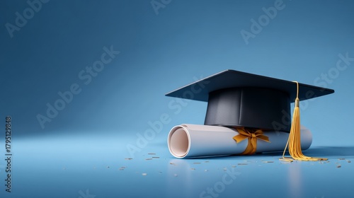3D illustration of a graduation cap and diploma, blue gradient background
