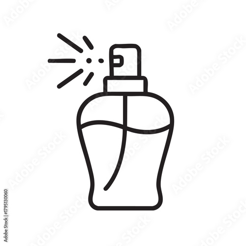 A simple black and white line drawing depicts a perfume bottle with a spray nozzle emitting mist