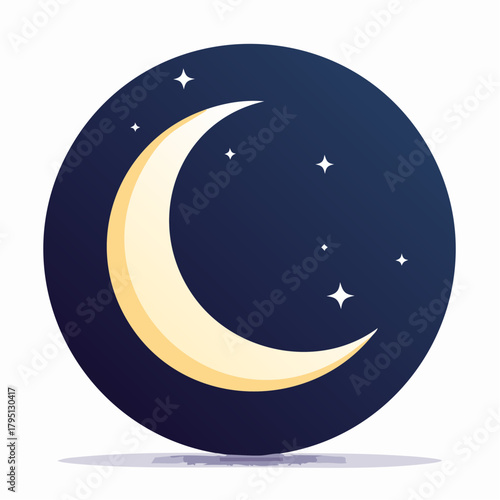 Crescent moon with stars against a dark blue night sky, representing nighttime and celestial bodies in a cosmic setting