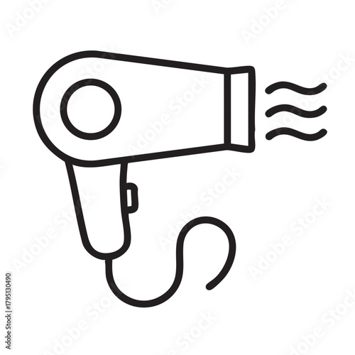 A simple black and white line drawing depicts a hair dryer and wavy hair strands showcasing hair styling