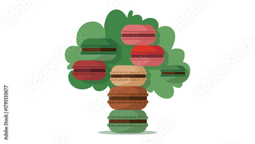 Macarons Tree: An innovative presentation of colorful macarons arranged to resemble a whimsical tree, showcasing dessert in creative culinary art and inviting dessert lovers