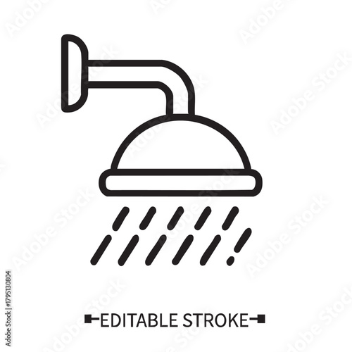 A simple line drawing depicts a showerhead with cascading water droplets showcasing a minimalist bathroom fixture design