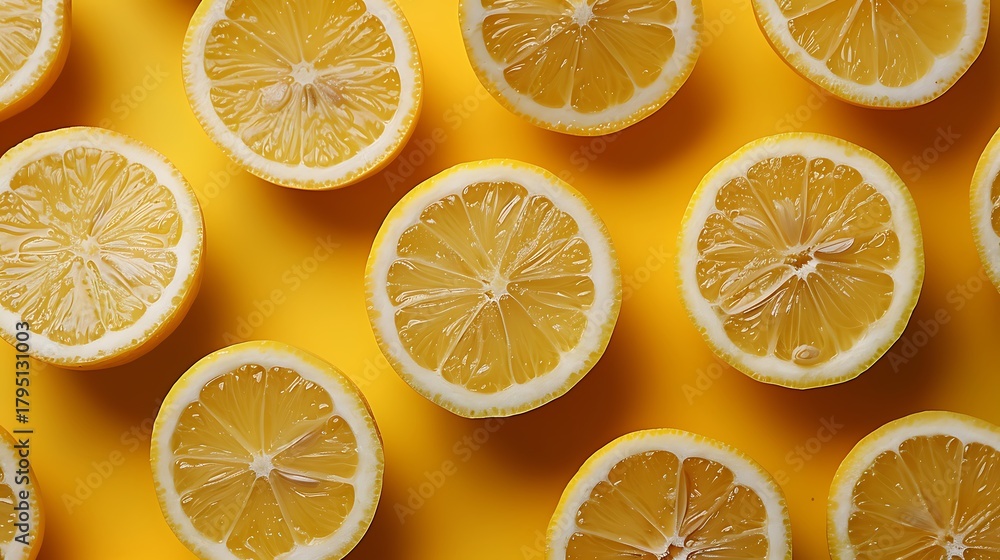 Obraz premium Close up of many lemon slices arranged on a bright yellow background in a pattern formation style