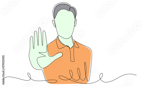 Continuous line art of a man extending his hand as a sign of refusal of the rampant bribery. Vector illustration with attractive colors.