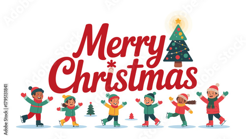 Christmas Cheer: A vibrant illustration of children rejoicing in the festive spirit of Christmas. Adorned with a Christmas tree and message of joy
