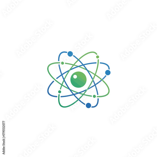 Stylized atom icon with a central nucleus and orbiting electrons on a white background.