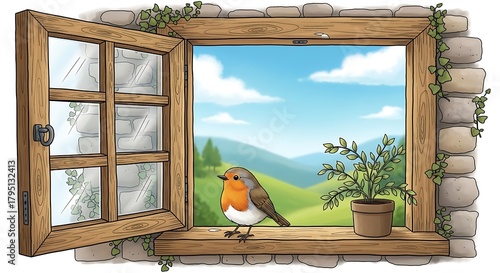 Open window with a bird, a plant, and a beautiful landscape view.