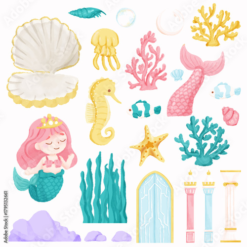 Watercolor Mermaid Under The Sea Assets
