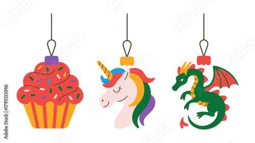 Whimsical Ornament Collection: A vibrant assortment of fantastical ornaments. Includes cupcake, unicorn and dragon, perfect to embellish a festive tree.