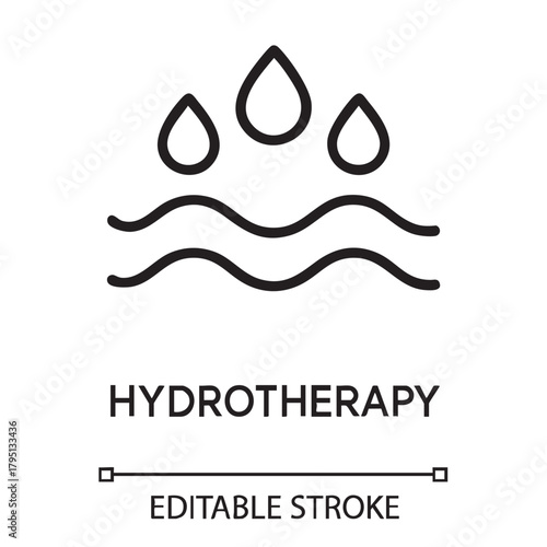 A simple line art illustration depicts water droplets above wavy lines labeled hydrotherapy with editable stroke