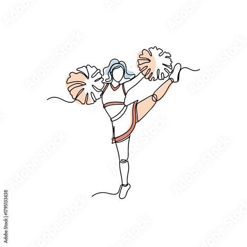 Cheerleader dancing in splayed position with pom-poms concept of College bowl finals  