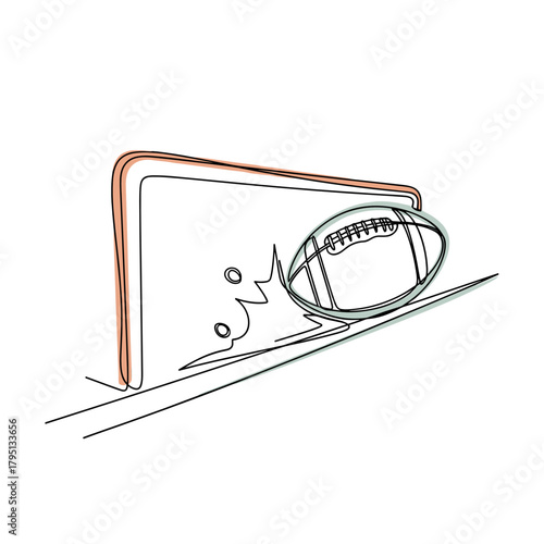 Single line drawing of a football crossing the goal line in a game  