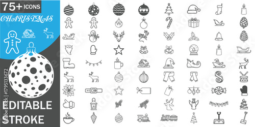 Christmas Icon Set , Editable Stroke Line Icons, Holiday Symbols, Winter Decorations, Xmas Elements, Festive Outline Graphics, Ornaments, Gifts, Santa, Reindeer, Snow, Vector Pack