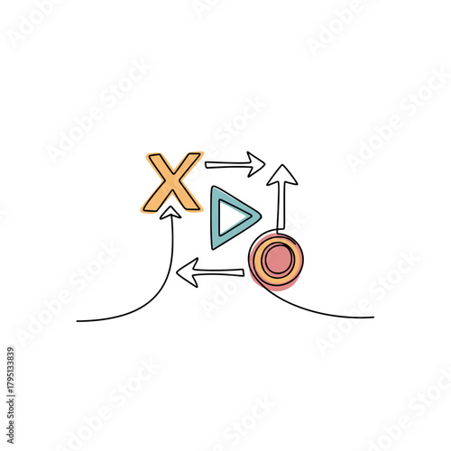 Playbook diagram with X and O symbols connected by arrows for College bowl finals  