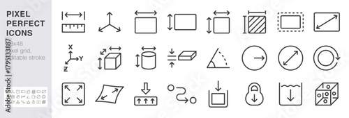 Measurement and dimension line icon set. Ruler, 3D axis, width, height, diameter minimal vector illustrations. Simple outline signs for geometry size tools. 48x48 Pixel Perfect Editable Stroke