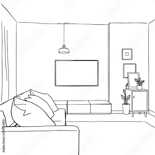 “Modern living room sketch in pure black outlines. Sofa with oversized pillows in the foreground left. Wall-mounted TV in the center with symmetrical pendant lamps. A small right-side cabinet holding 