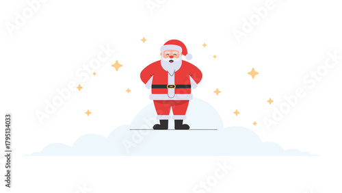 Cheerful Santa Claus Illustration: A whimsical illustration of Santa Claus, radiating holiday cheer and joy, surrounded by twinkling stars and soft cloud, embodies the festive spirit of Christmas.
