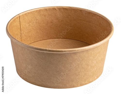 Empty brown kraft paper food container or disposable soup cup, angled top view. Isolated on transparent background