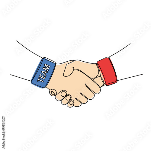 Hands shaking with blue and red wristbands representing teamwork concept  