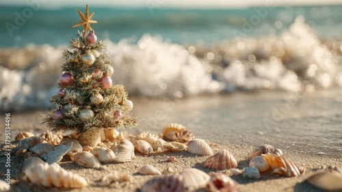 Small Christmas tree with decorations on sandy beach near ocean waves, surrounded by seashells, festive summer holiday spirit, unique coastal celebration