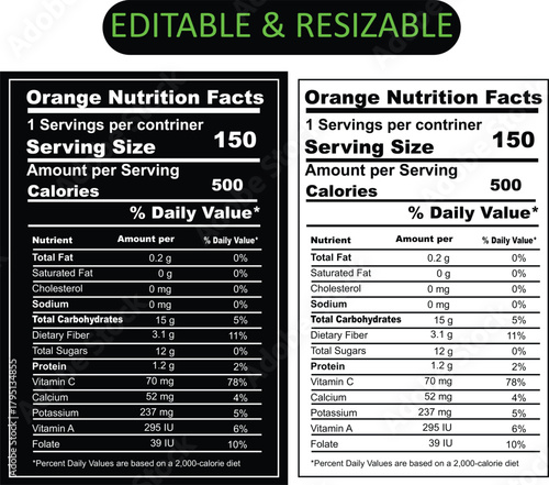 Orange Nutrition Facts label isolated on white background with daily values, nutrition calculator, nutritional panel