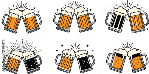 Clinking beer mug illustrations in colorful vector style, frothy drink celebration icons, festive beverage graphics for party theme designs