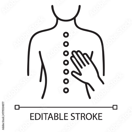Line art illustration depicts a person performing self examination of the spine for irregularities or potential health concerns