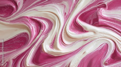 Abstract pink and white paint swirl creating a beautiful marbled texture ideal for backgrounds, patterns, or artistic designs showcasing fluid dynamics