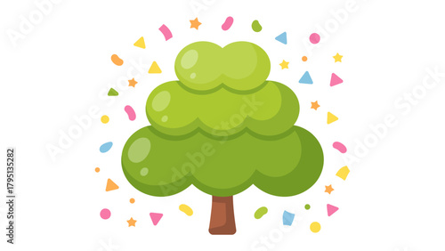 Evergreen Tree Illustration: A whimsical illustration of a lush, vibrant green evergreen tree, set against a backdrop of colorful confetti, evokes a sense of festivity and cheer.
