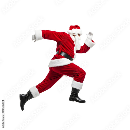 Santa Claus running with speed, dressed in traditional red suit and hat, conveying a sense of festive urgency