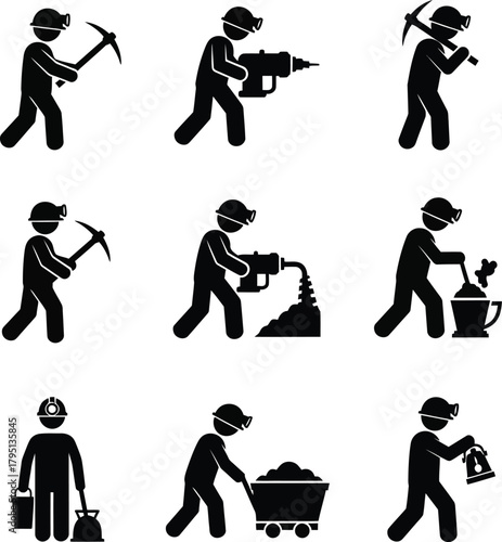 Illustrations showcasing various mining activities and tools, miner, helmet