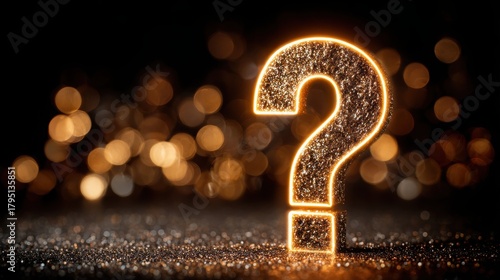 Glowing Question Mark Illuminated Against a Dark Background with Sparkling Bokeh Effect, Representing Curiosity and Inquiry in Abstract Art
