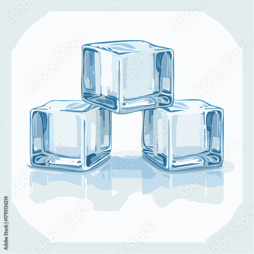 Three Clear Blue Ice Cubes Stacked in a Pyramid Shape on a White Reflective Surface with Subtle Blue Lighting Creating a Cool Refreshing Atmosphere
