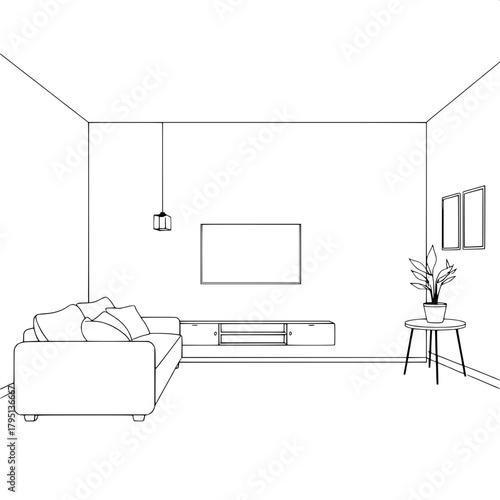 "Minimalist line-art drawing of a contemporary living room interior. Front-facing perspective. Large cushioned sofa on the left, centered wall-mounted TV, pendant lamps hanging evenly, a right-side ta