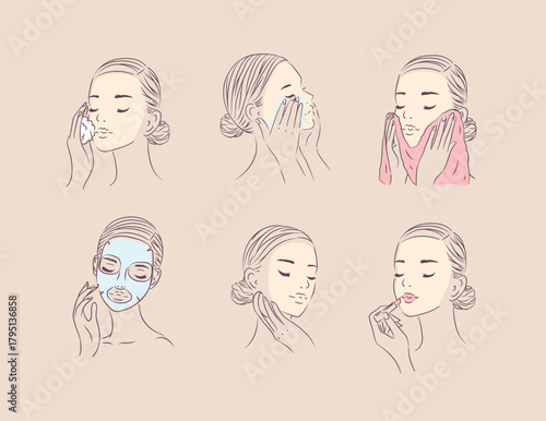 Female face and skin care beauty collection drawing in minimalist style with brown lines on beige background
