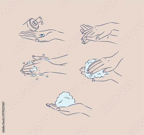 Female hand washing and treatment collection with soap, foam and cream drawing in minimalist style on beige background