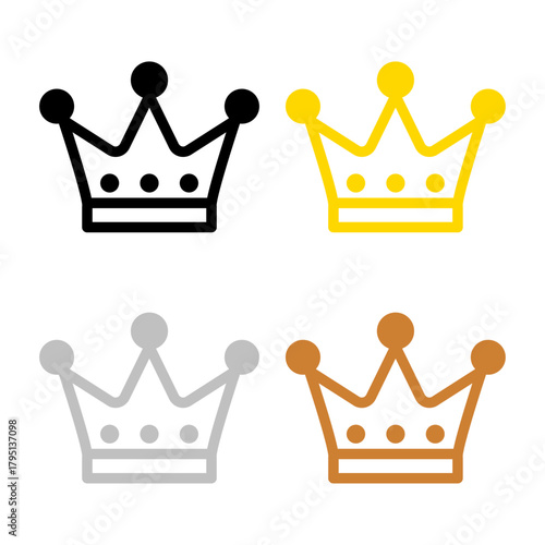 フラットデザインの王冠アイコンセット（黒・金・銀・銅）