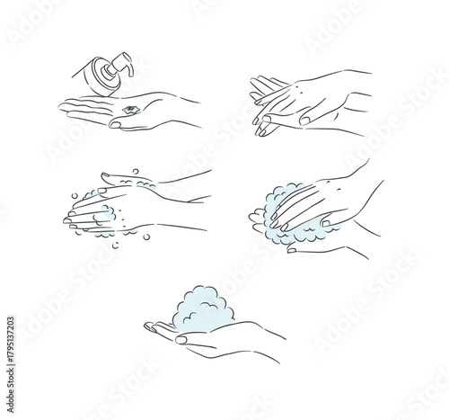 Female hand washing and treatment collection with soap, foam and cream drawing in minimalist style on white background