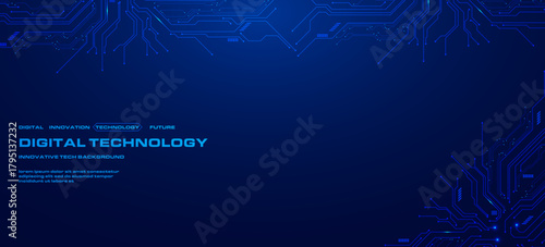 Digital Circuit Board Technology Background. Modern blue tech circuit banner with glowing connections and digital lines