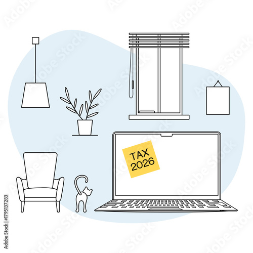 Home office illustration with chair, cat, laptop displaying Tax 2026 note, and decor elements