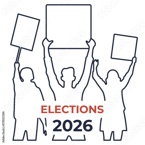 Elections 2026 illustration with silhouettes of people holding signs and text reading Elections 2026