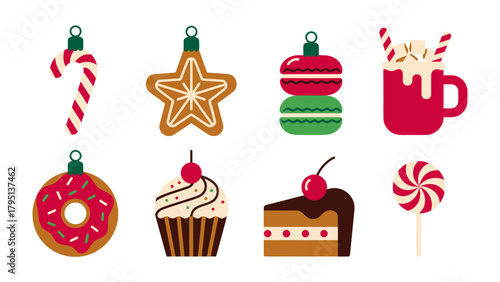 Festive Sweets: Delightful assortment of holiday-themed treats including candy cane, gingerbread star, macaron, hot chocolate, doughnut, cupcake, cake slice, and lollipop.