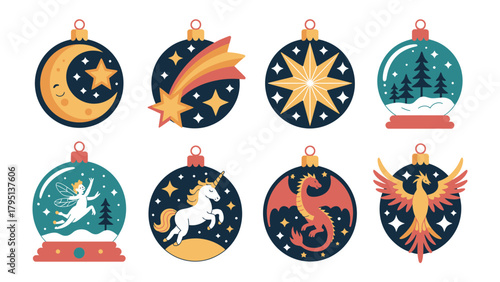 Magical Ornaments: A charming array of festive ornaments showcasing enchanting celestial and mythical themes, each one ready to add a touch of wonder to any holiday décor.