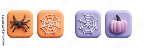 Four halloween themed icons with spider web and pumpkin decorations isolated on transparent background