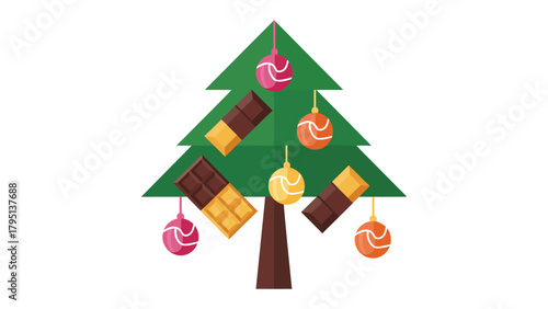 Festive Sweet Delights: A whimsical Christmas tree, adorned with chocolate bars and colorful ornaments, radiates joy and the essence of festive sweetness.
