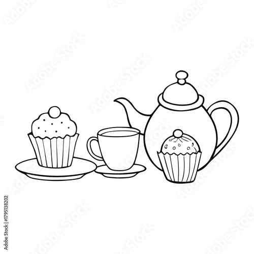 A charming tea set with a delicate teapot, matching cups, and a sweet cupcake beside them, all outlined for coloring. A cozy scene inviting creativity and warm afternoon vibes.
