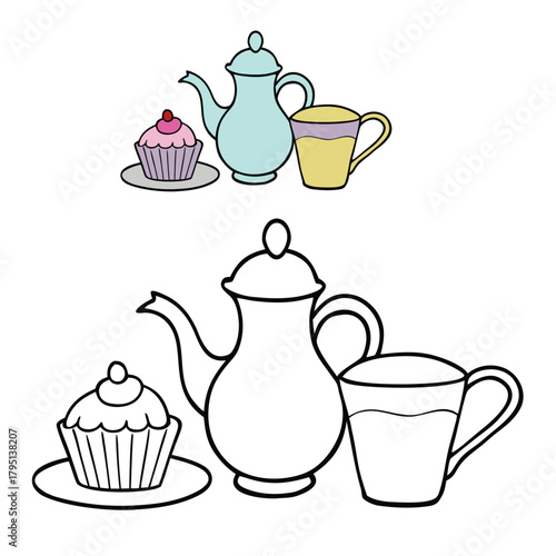 A charming tea set with a delicate teapot, matching cups, and a sweet cupcake beside them, all outlined for coloring. A cozy scene inviting creativity and warm afternoon vibes.
