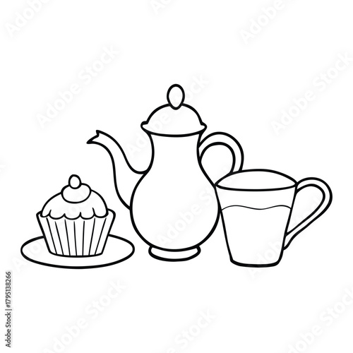 A charming tea set with a delicate teapot, matching cups, and a sweet cupcake beside them, all outlined for coloring. A cozy scene inviting creativity and warm afternoon vibes.

