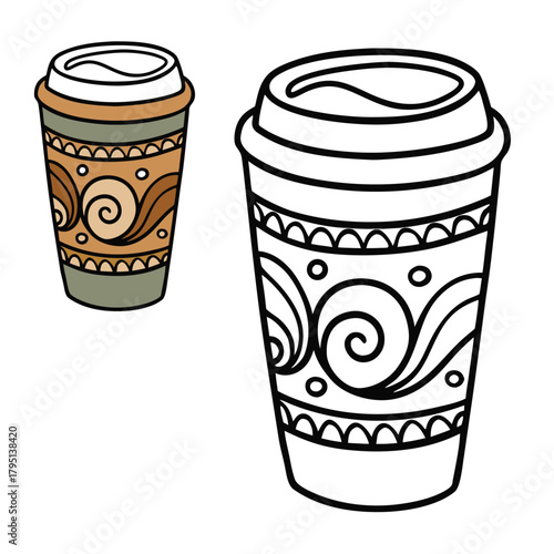 A zentangle-style coffee cup filled with swirling patterns, intricate lines, and decorative motifs, creating a calming and artistic coloring page perfect for relaxation and creativity.
