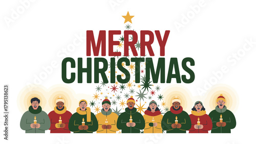 Christmas Carolers: A joyful gathering of diverse individuals comes together, their voices harmonizing in a festive chorus, celebrating the spirit of the season.